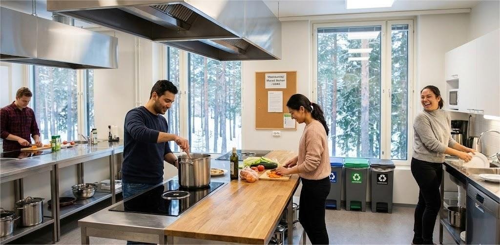 Students cooking together in the communal kitchen